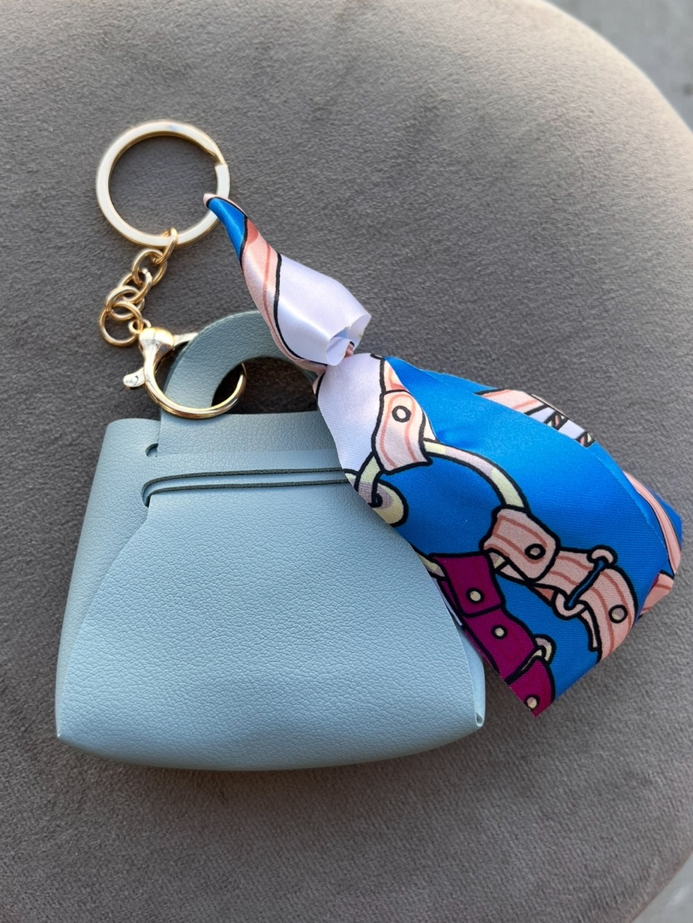 Light Blue Mini Bag Charm Keychain with Blue Patterned Scarf